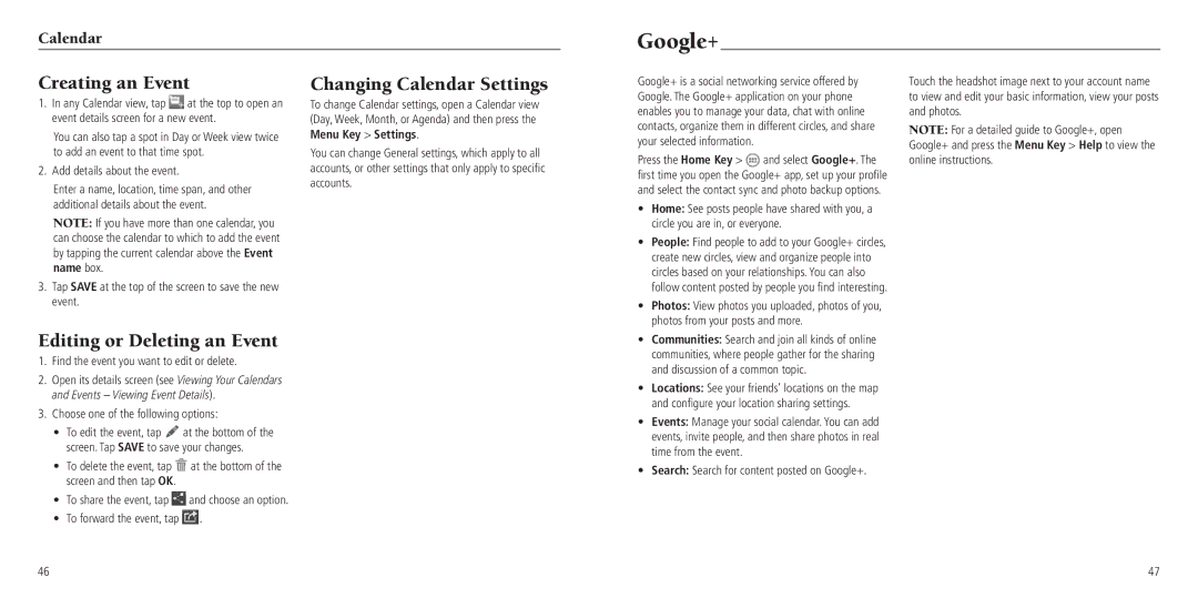 ZTE Z797C user manual Google+, Creating an Event, Editing or Deleting an Event, Changing Calendar Settings 