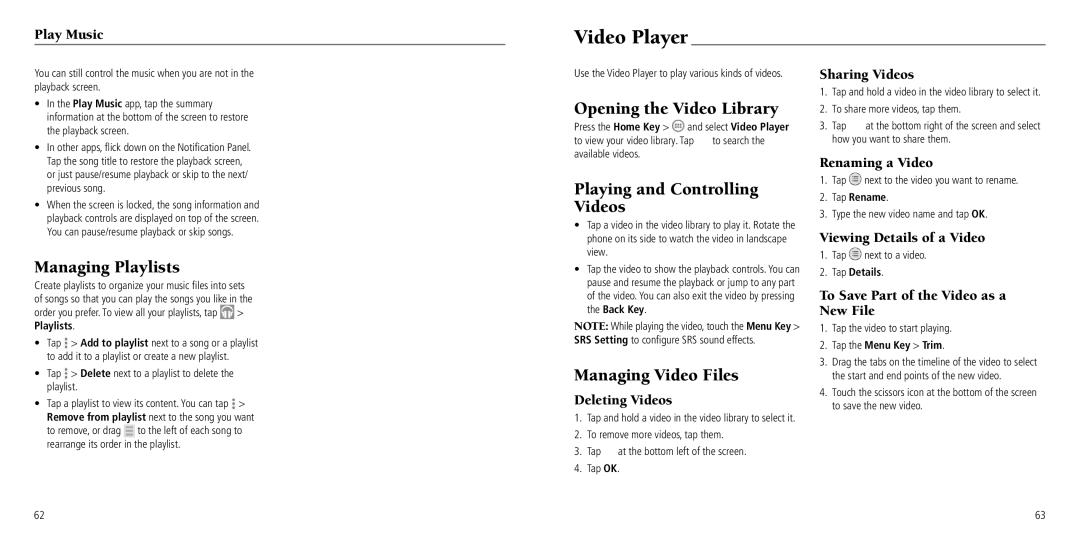 ZTE Z797C user manual Video Player, Opening the Video Library, Playing and Controlling Videos, Managing Video Files 