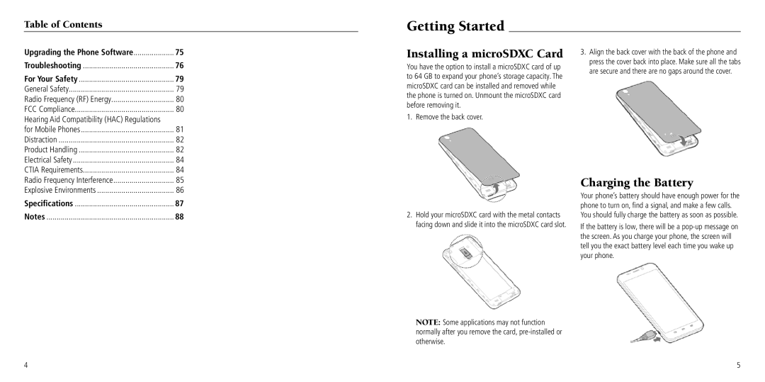 ZTE Z797C user manual Getting Started, Installing a microSDXC Card, Charging the Battery, Remove the back cover 