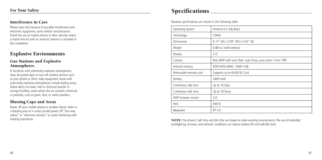 ZTE Z797C user manual Specifications, Explosive Environments, For Your Safety Interference in Cars, Blasting Caps and Areas 