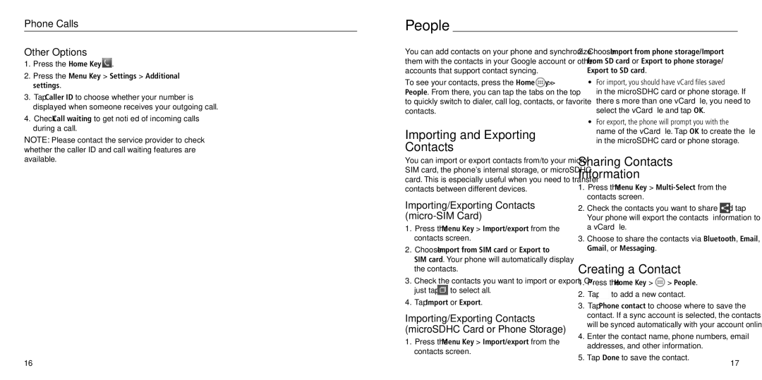 ZTE Z930L user manual People, Importing and Exporting Contacts, Sharing Contacts Information, Creating a Contact 