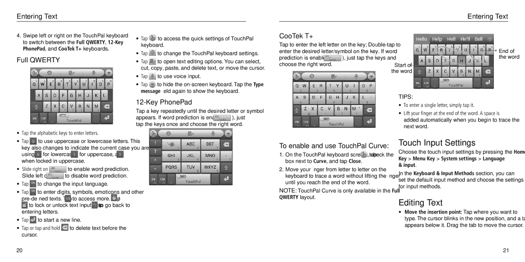 ZTE Z930L user manual Touch Input Settings, Editing Text 