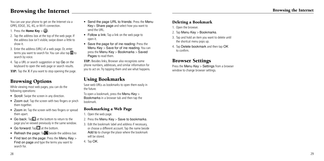 ZTE Z930L user manual Browsing the Internet, Browsing Options, Using Bookmarks, Browser Settings 