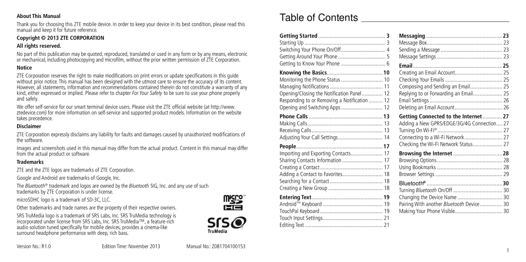 ZTE Z930L user manual Table of Contents 