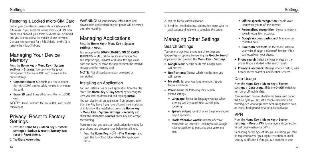 ZTE Z930L Managing Your Device Memory, Privacy Reset to Factory Settings, Managing Applications, Managing Other Settings 