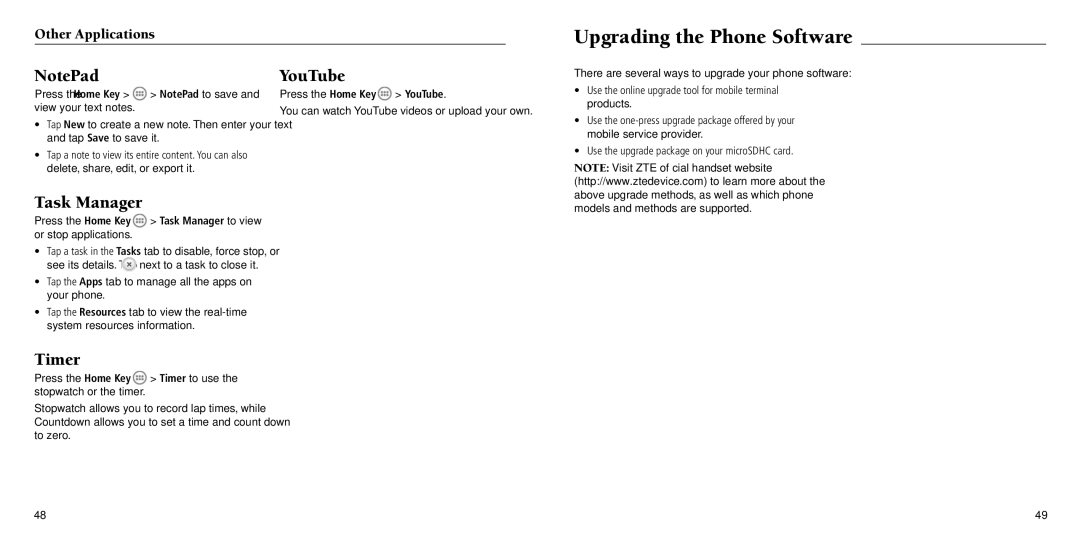 ZTE Z930L user manual Upgrading the Phone Software, YouTube, Task Manager, Timer, Other Applications 