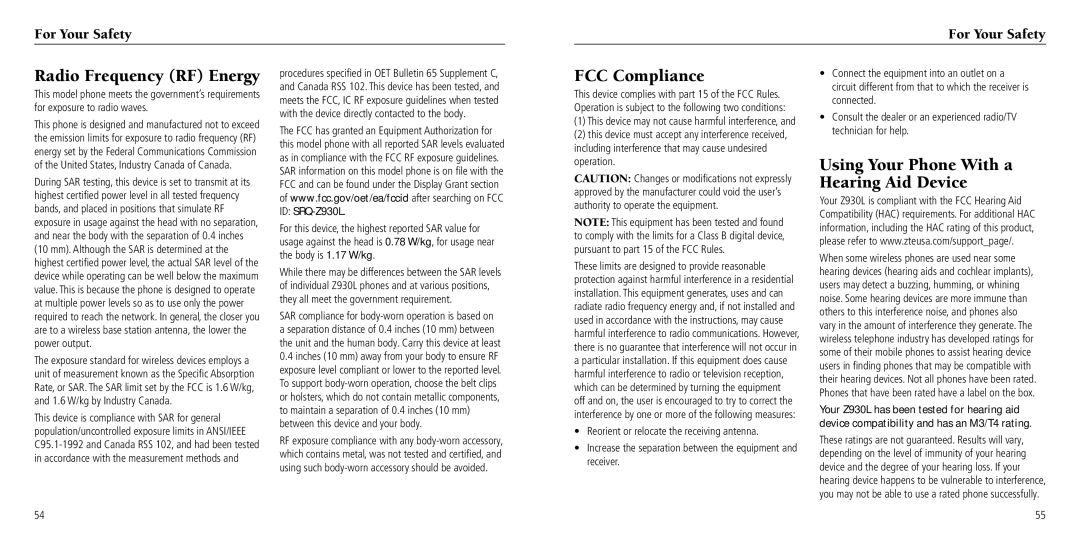 ZTE Z930L Radio Frequency RF Energy, FCC Compliance, Using Your Phone With a Hearing Aid Device, For Your Safety 