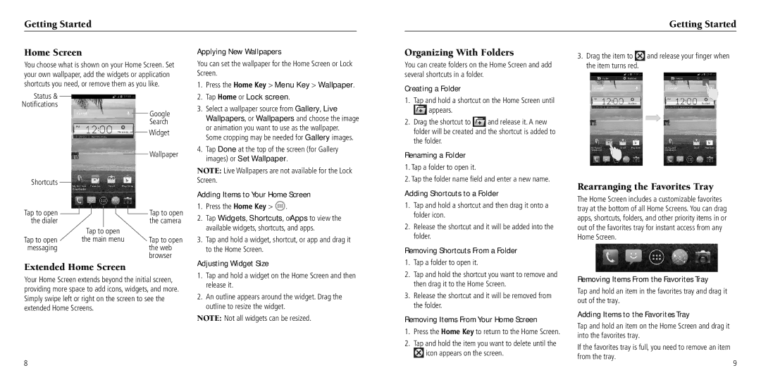 ZTE Z930L Getting Started Home Screen, Organizing With Folders, Extended Home Screen, Rearranging the Favorites Tray 