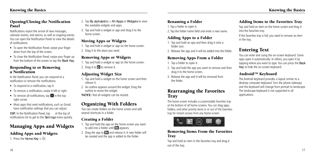 ZTE Z932L user manual Organizing With Folders, Rearranging the Favorites Tray, Entering Text, Managing Apps and Widgets 