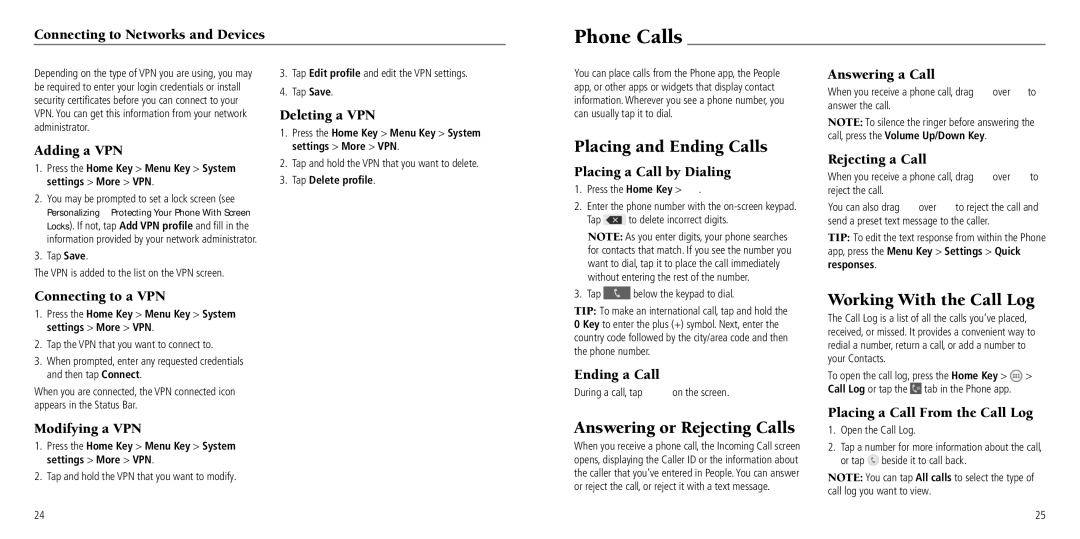 ZTE Z932L user manual Phone Calls, Placing and Ending Calls, Answering or Rejecting Calls, Working With the Call Log 