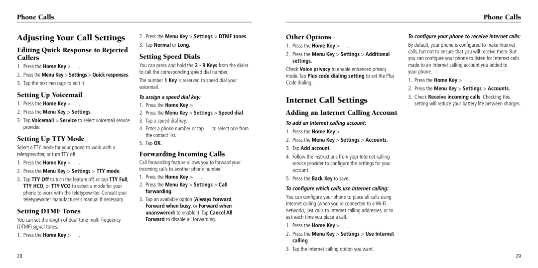 ZTE Z932L user manual Adjusting Your Call Settings, Internet Call Settings 