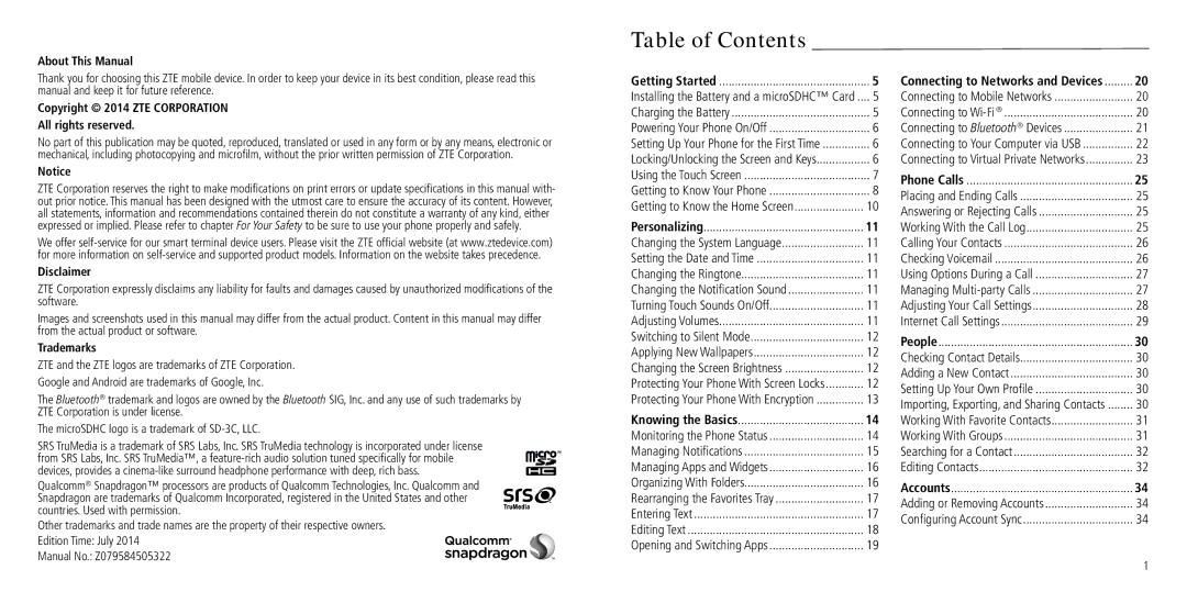 ZTE Z932L user manual Table of Contents 