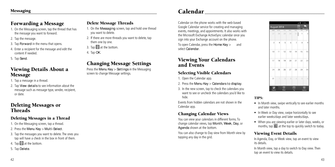 ZTE Z932L user manual Calendar, Forwarding a Message, Changing Message Settings, Deleting Messages or Threads 