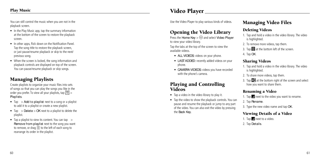 ZTE Z932L user manual Video Player, Opening the Video Library, Playing and Controlling Videos, Managing Video Files 