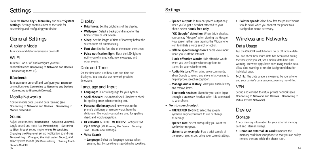 ZTE Z932L user manual General Settings, Wireless and Networks, Device 