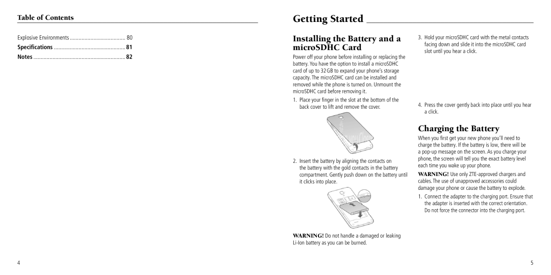 ZTE Z932L user manual Getting Started, Installing the Battery and a microSDHC Card, Charging the Battery 