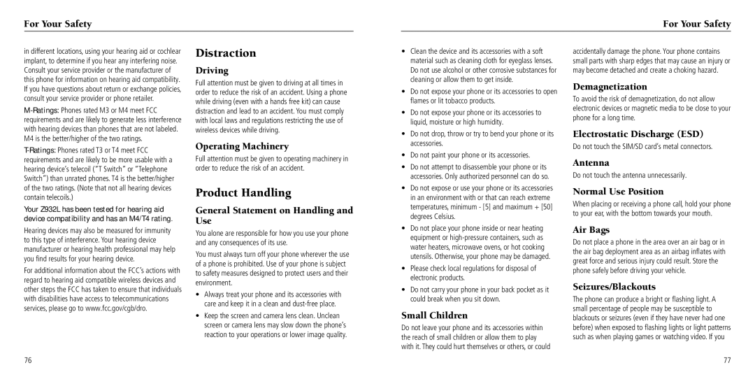 ZTE Z932L user manual Distraction, Product Handling 