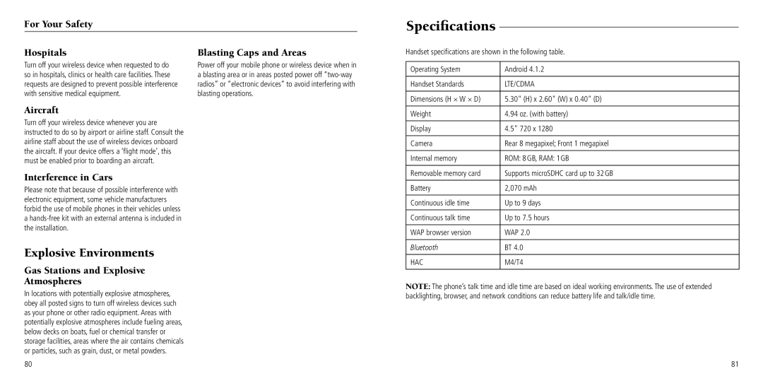 ZTE Z932L user manual Specifications, Explosive Environments 