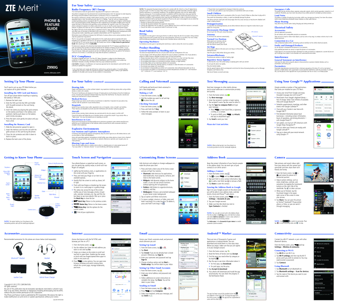 ZTE Z990G specifications For Your Safety, Setting Up Your Phone, Calling and Voicemail, Text Messaging, Accessories 