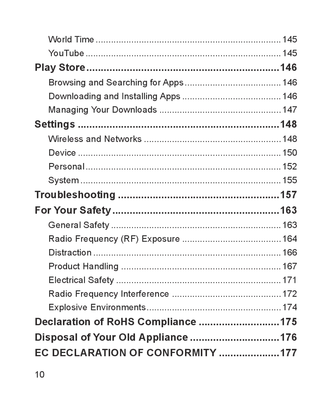 ZTE ZTE Blade III user manual Play Store 146, Settings 148, Troubleshooting 157 For Your Safety 163, 177 