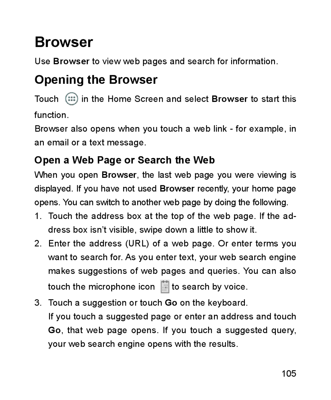 ZTE ZTE Blade III user manual Opening the Browser, Open a Web Page or Search the Web 