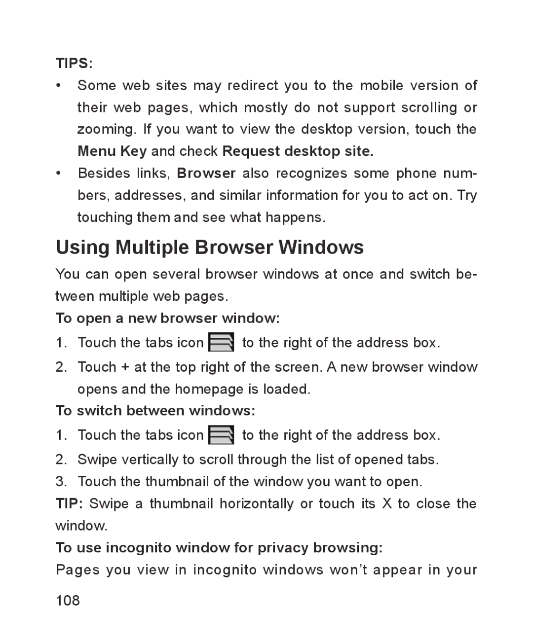 ZTE ZTE Blade III Using Multiple Browser Windows, Menu Key and check Request desktop site, To open a new browser window 