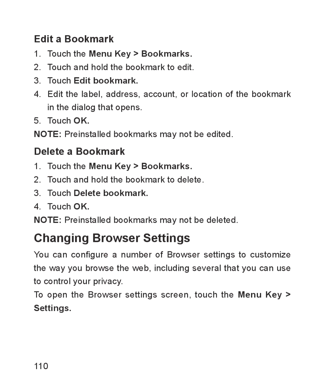 ZTE ZTE Blade III user manual Changing Browser Settings, Edit a Bookmark, Delete a Bookmark 