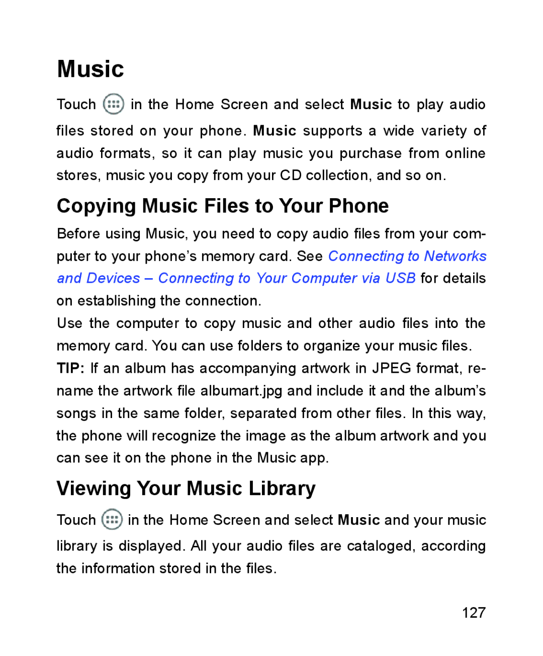 ZTE ZTE Blade III user manual Copying Music Files to Your Phone, Viewing Your Music Library 