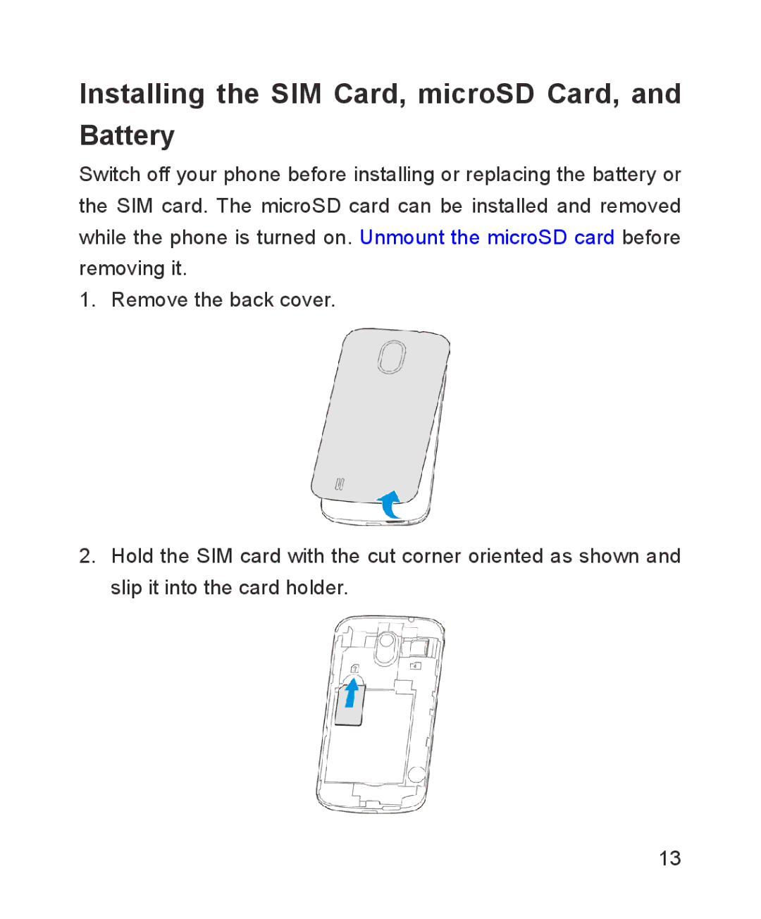 ZTE ZTE Blade III user manual Installing the SIM Card, microSD Card, and Battery 