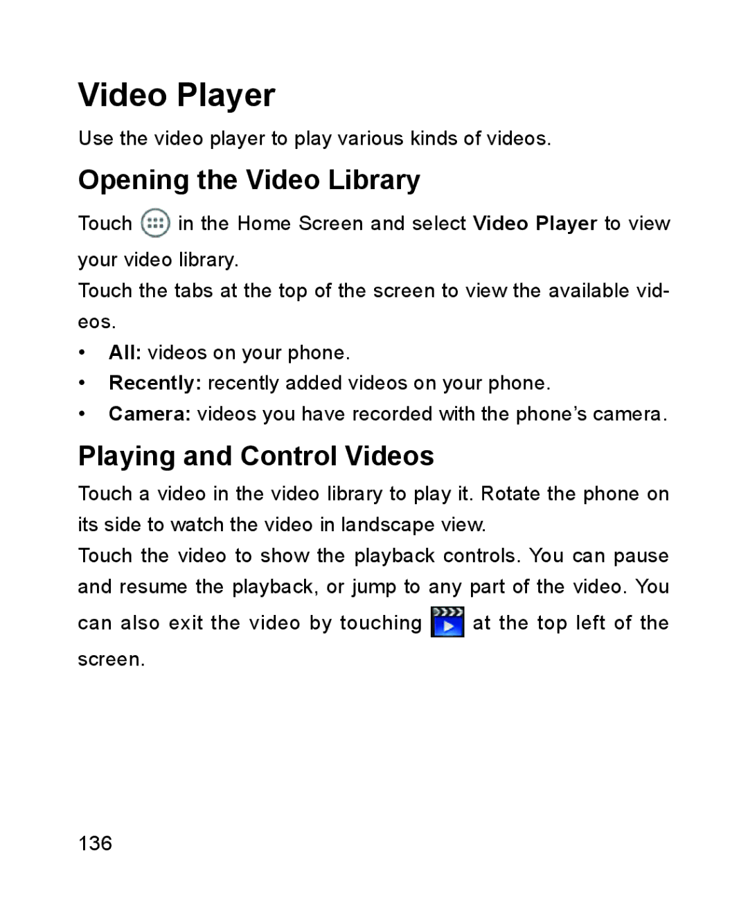 ZTE ZTE Blade III user manual Video Player, Opening the Video Library, Playing and Control Videos 