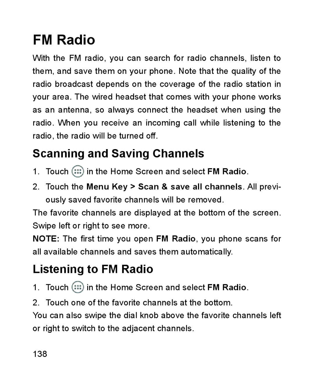 ZTE ZTE Blade III user manual Scanning and Saving Channels, Listening to FM Radio 