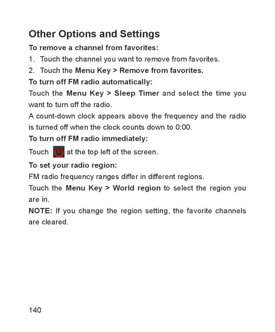 ZTE ZTE Blade III Other Options and Settings, To remove a channel from favorites, To turn off FM radio immediately 