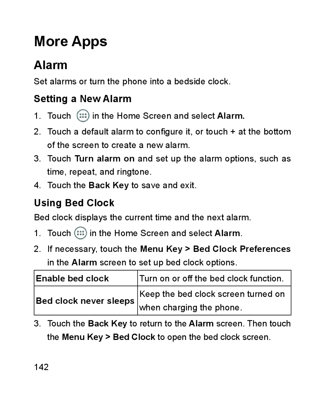 ZTE ZTE Blade III user manual More Apps, Setting a New Alarm, Using Bed Clock, Enable bed clock 