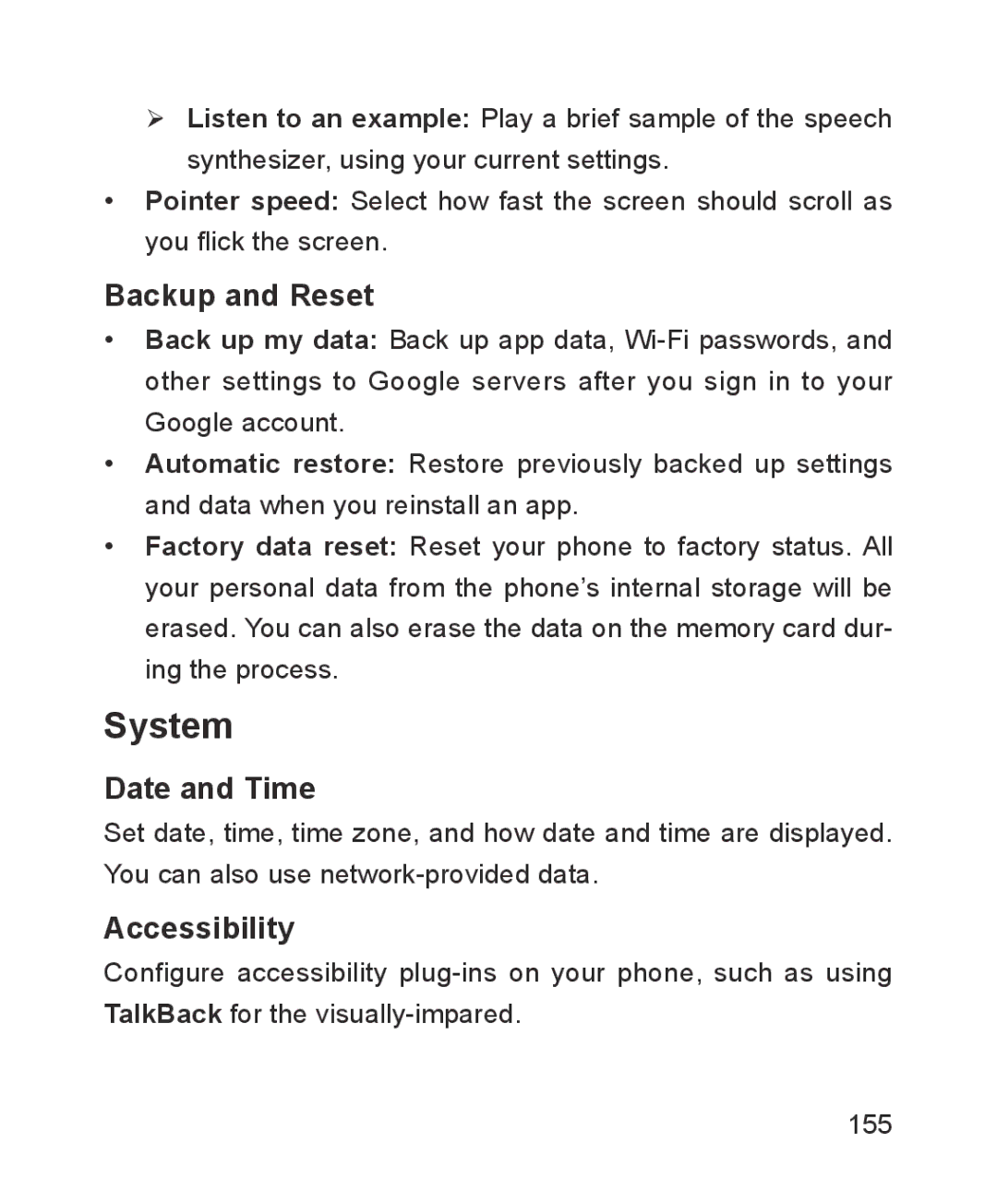 ZTE ZTE Blade III user manual System, Backup and Reset, Date and Time, Accessibility 