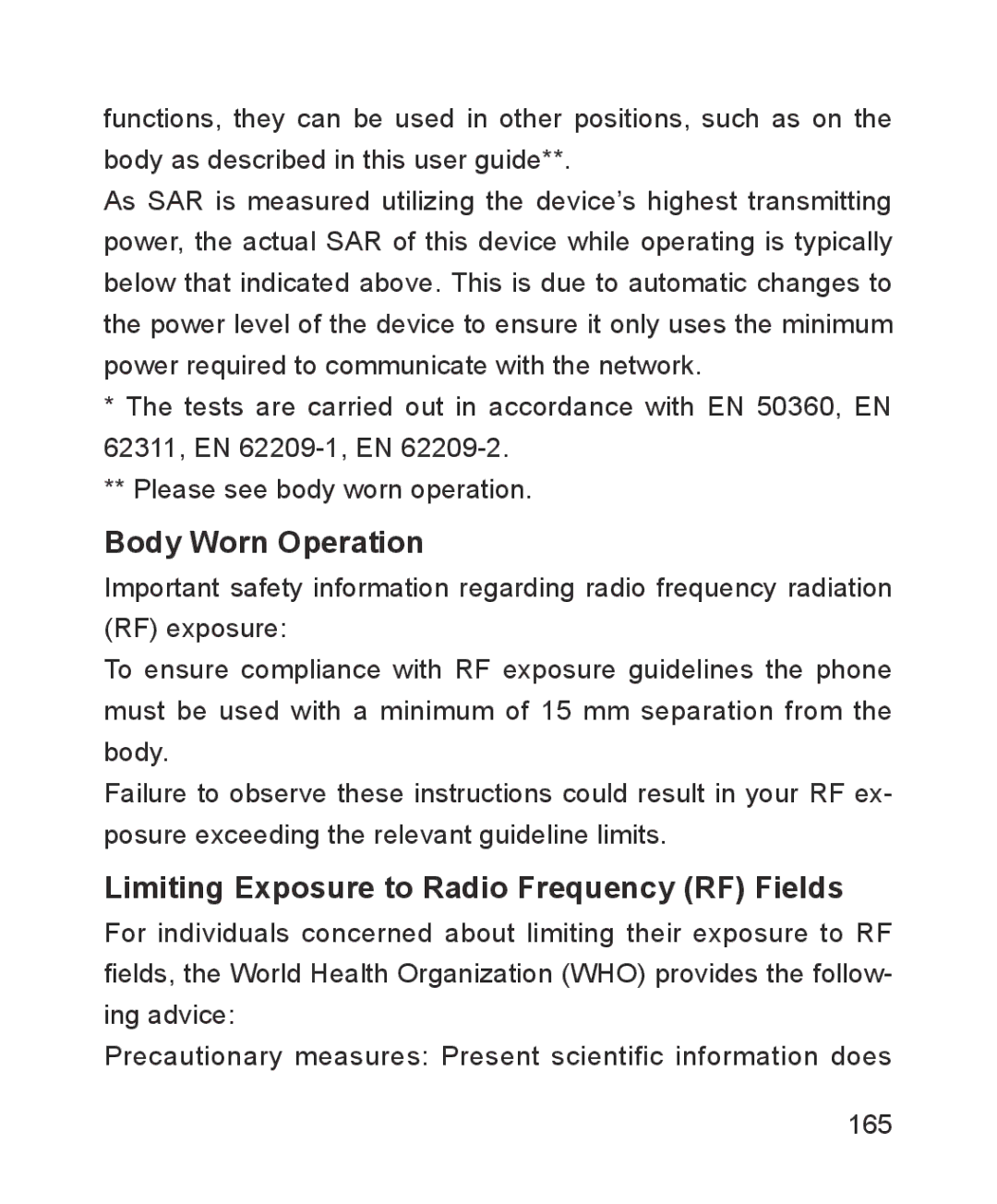 ZTE ZTE Blade III user manual Body Worn Operation, Limiting Exposure to Radio Frequency RF Fields 