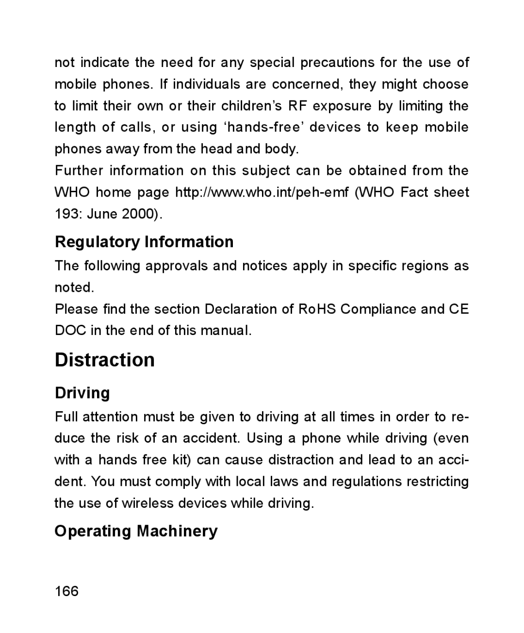 ZTE ZTE Blade III user manual Distraction, Regulatory Information, Driving, Operating Machinery 