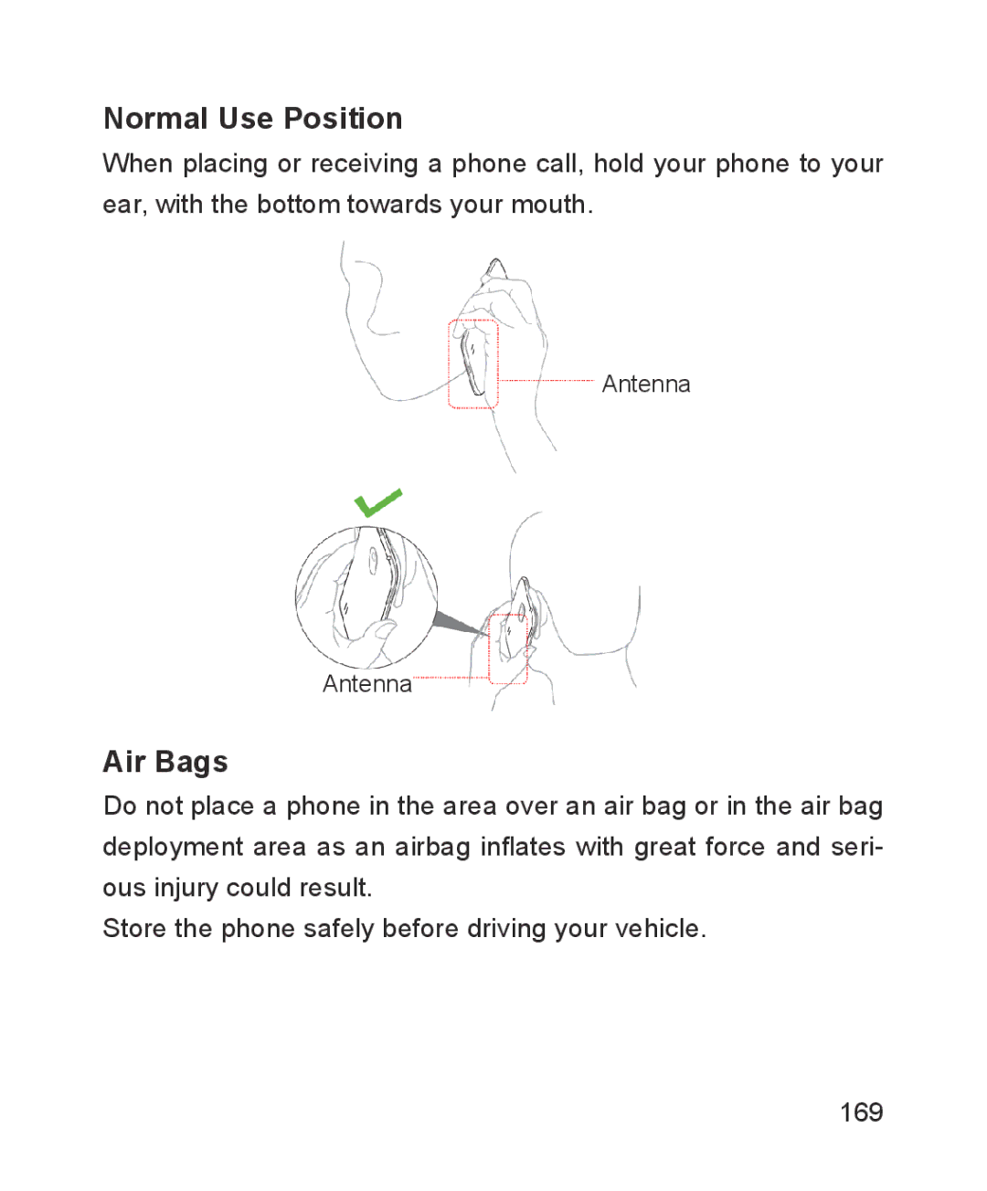 ZTE ZTE Blade III user manual Normal Use Position, Air Bags 