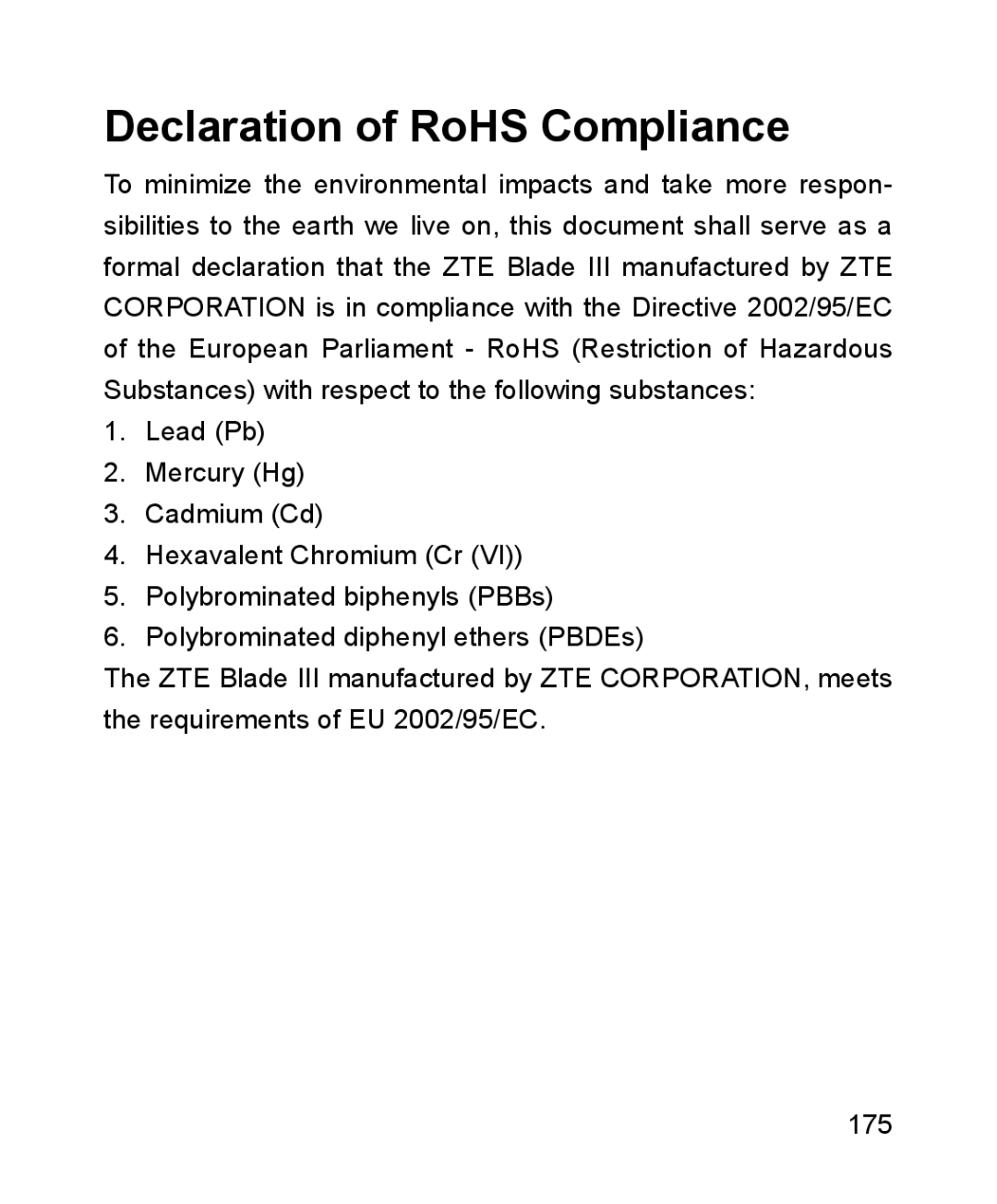 ZTE ZTE Blade III user manual Declaration of RoHS Compliance 