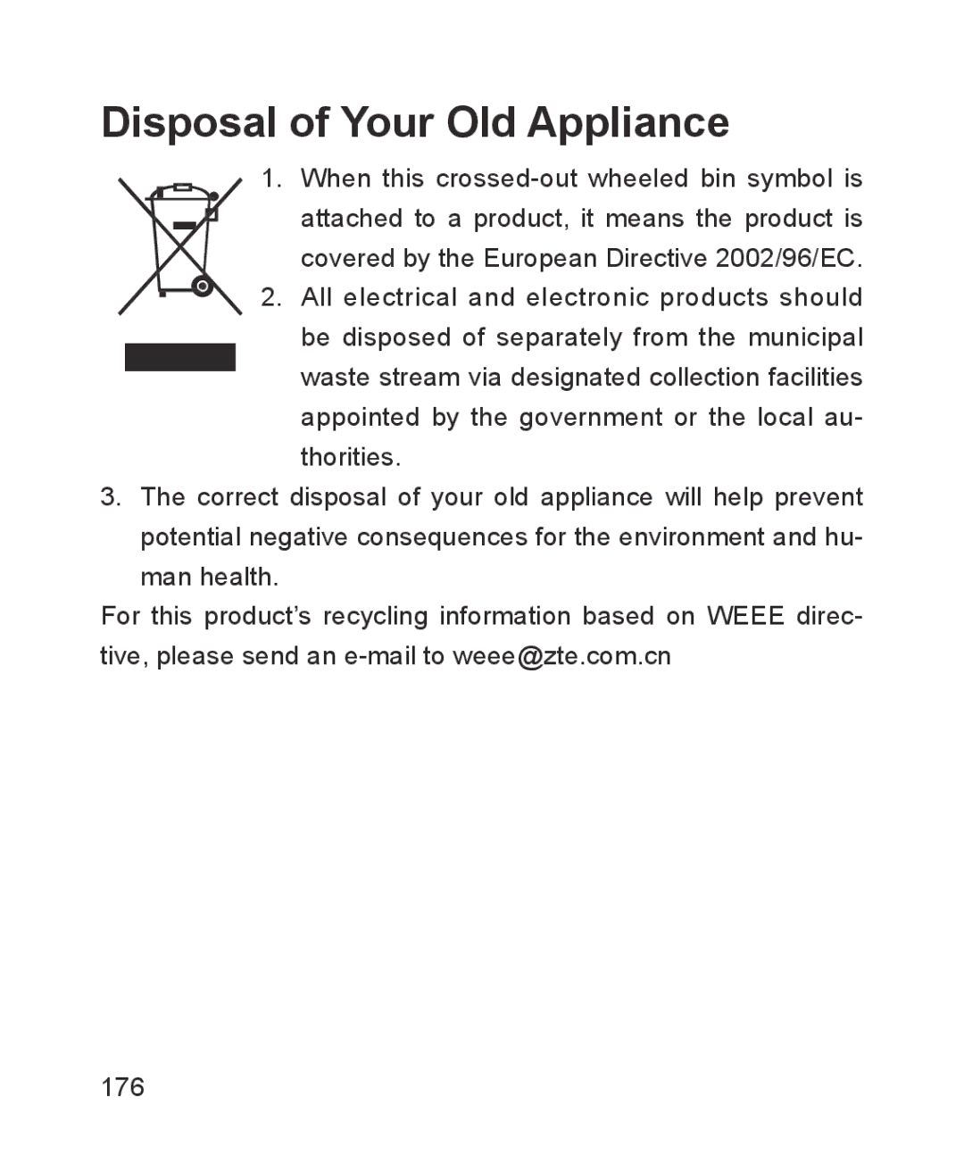 ZTE ZTE Blade III user manual Disposal of Your Old Appliance 