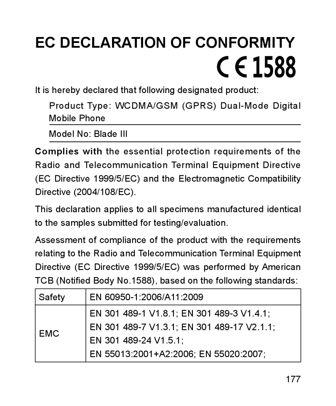 ZTE ZTE Blade III user manual EC Declaration of Conformity 