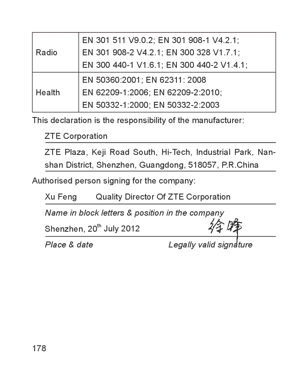 ZTE ZTE Blade III user manual Name in block letters & position in the company 