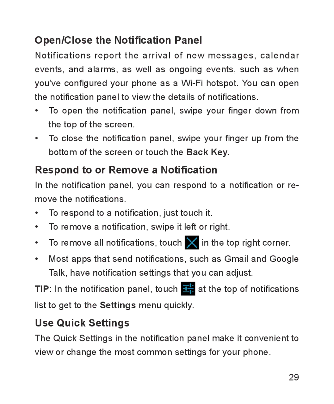 ZTE ZTE Blade III user manual Open/Close the Notification Panel, Respond to or Remove a Notification, Use Quick Settings 