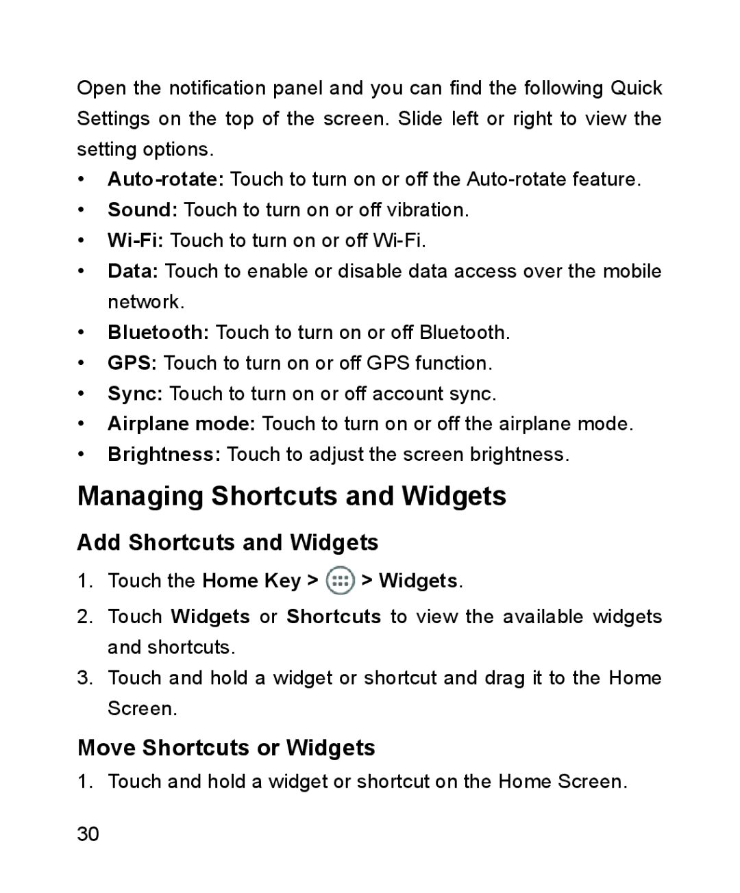 ZTE ZTE Blade III user manual Managing Shortcuts and Widgets, Add Shortcuts and Widgets, Move Shortcuts or Widgets 