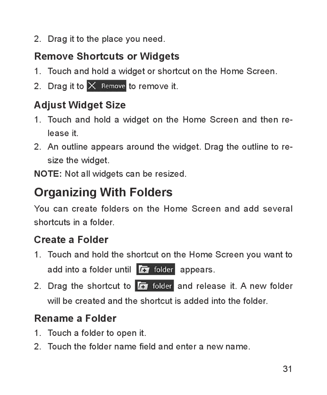 ZTE ZTE Blade III user manual Organizing With Folders, Remove Shortcuts or Widgets, Adjust Widget Size, Create a Folder 