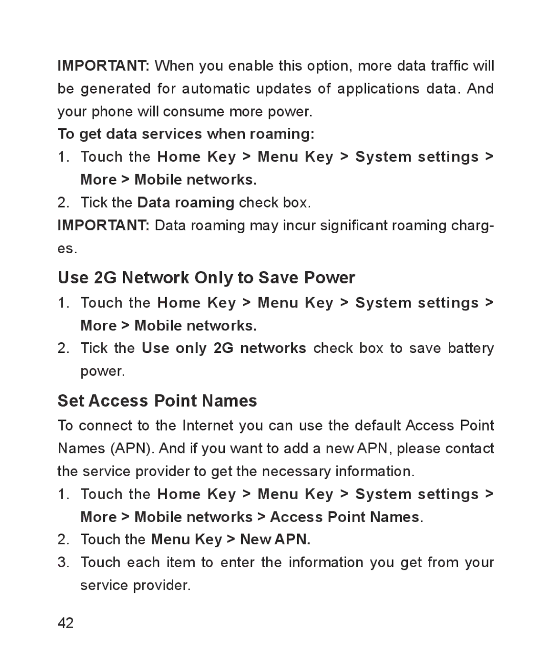 ZTE ZTE Blade III user manual Use 2G Network Only to Save Power, Set Access Point Names 