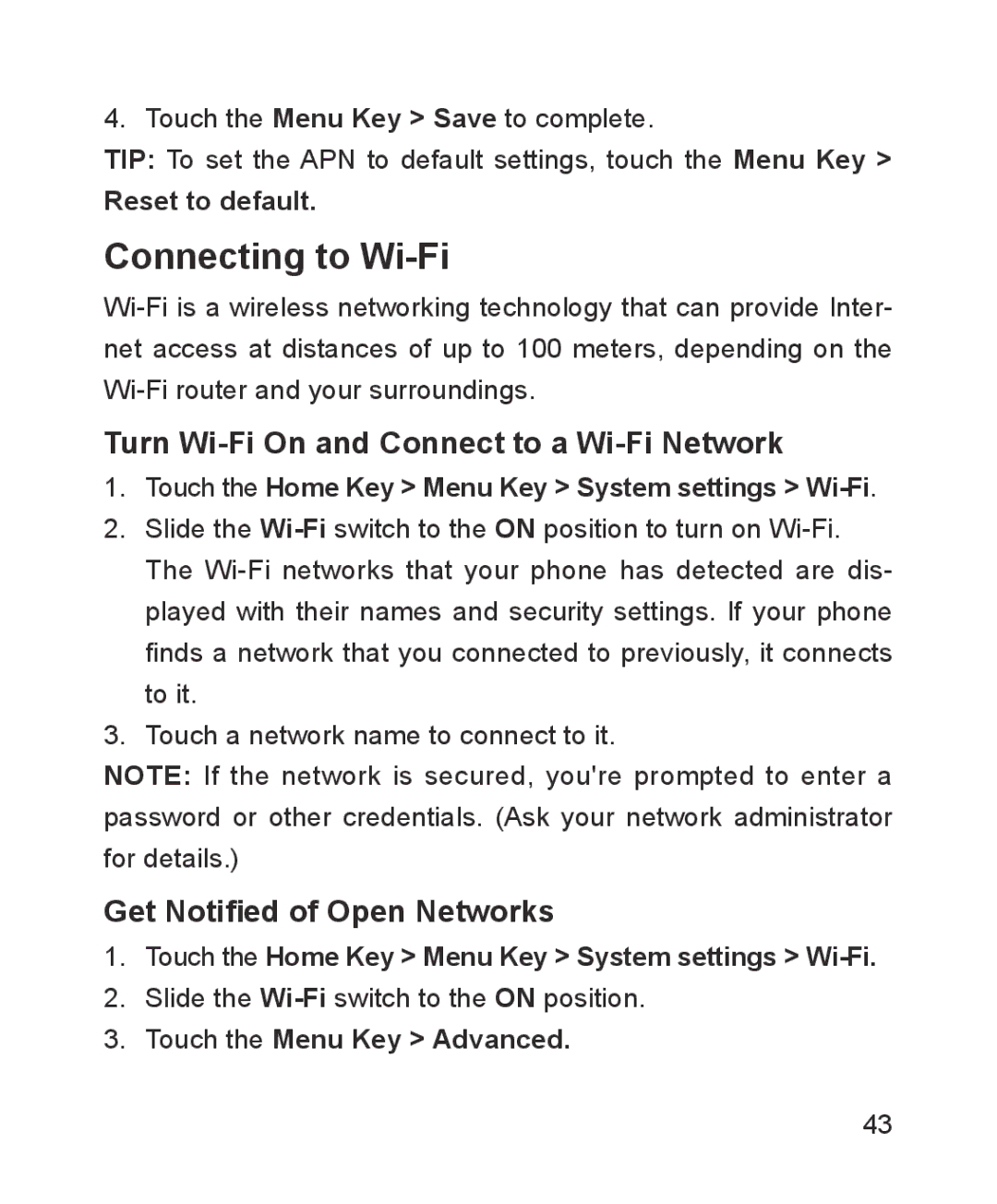 ZTE ZTE Blade III Connecting to Wi-Fi, Turn Wi-Fi On and Connect to a Wi-Fi Network, Get Notified of Open Networks 