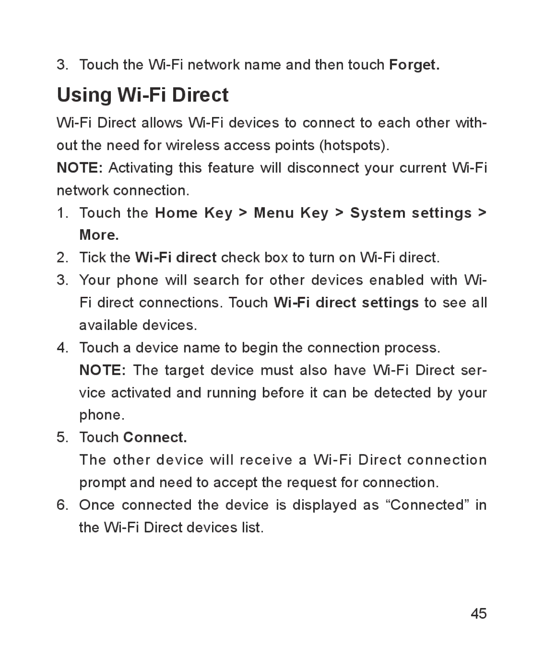 ZTE ZTE Blade III user manual Using Wi-Fi Direct, Touch the Home Key Menu Key System settings More, Touch Connect 