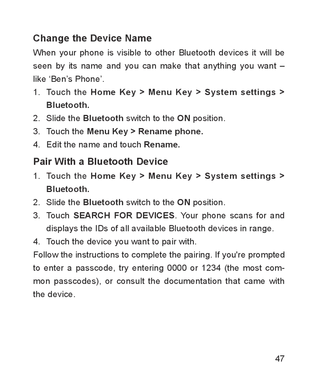 ZTE ZTE Blade III user manual Change the Device Name, Pair With a Bluetooth Device, Touch the Menu Key Rename phone 