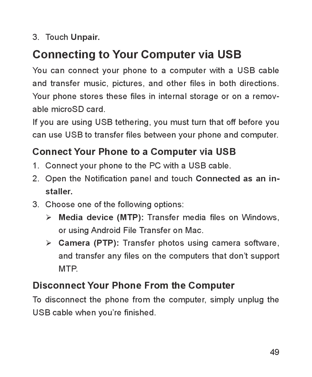 ZTE ZTE Blade III user manual Connecting to Your Computer via USB, Connect Your Phone to a Computer via USB, Touch Unpair 