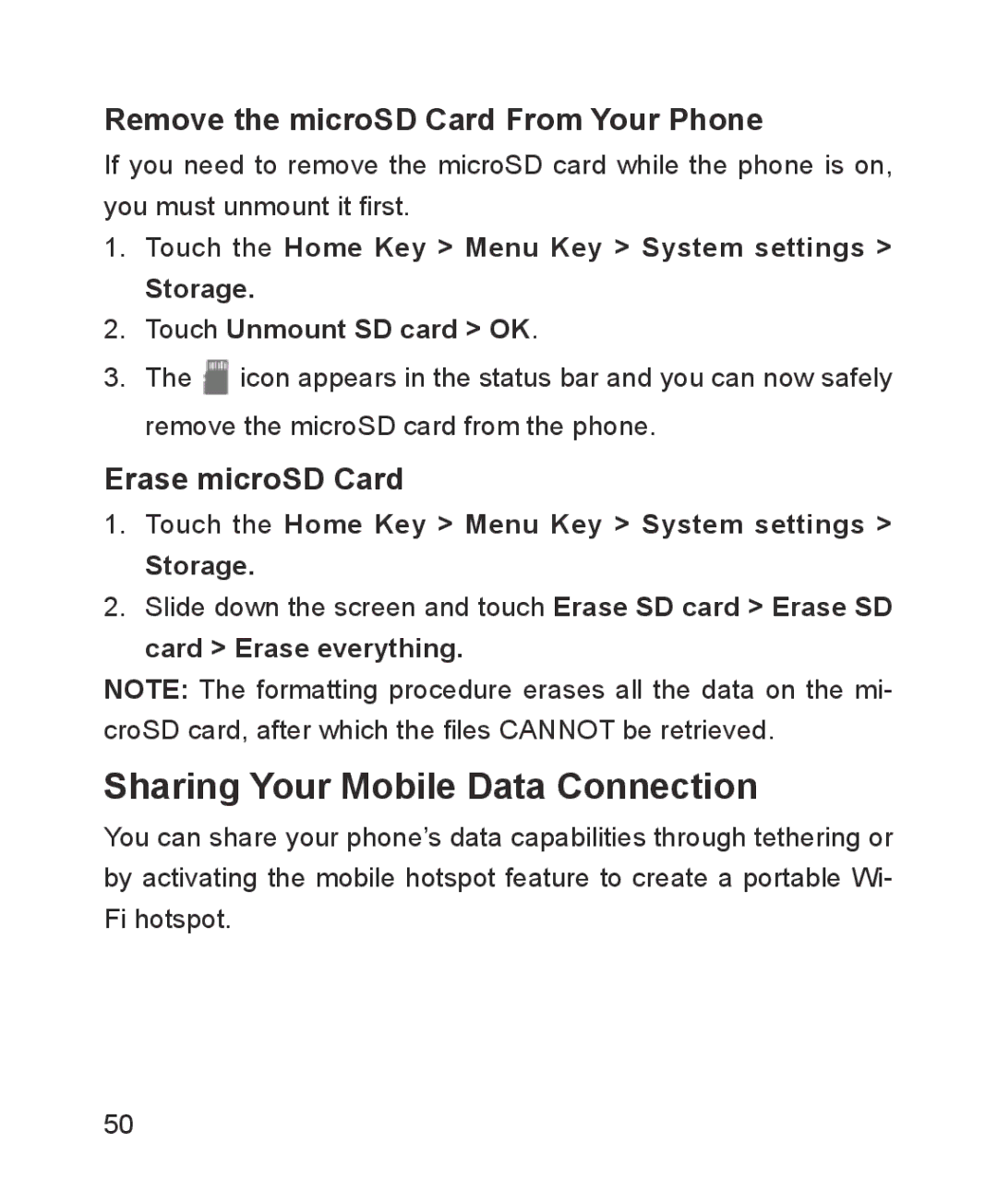 ZTE ZTE Blade III Sharing Your Mobile Data Connection, Remove the microSD Card From Your Phone, Erase microSD Card 